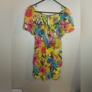 Trina Turk 2 colorful Feminine Tropical Silk Romper Shorts Off Shoulder Pocket